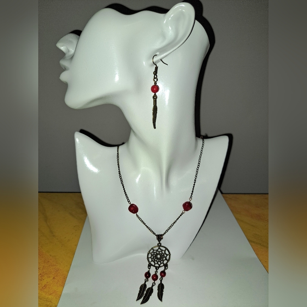 Dreamcatcher Boho Necklace & Earrings with Natural Red Coral in Antique Bronze
